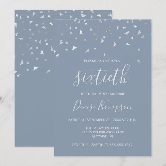 ダスティーブルーシルバーコンフェッティ 60歳の誕生日パーティー 招待状 (正面/裏面)
