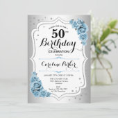 ダスティーブルーシルバー写真エレガント50歳の誕生日 招待状 (スタンド正面)