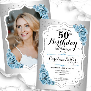 ダスティーブルーシルバー写真エレガント50歳の誕生日 招待状