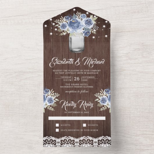 ダスティーブルーズブルーフローラレースメイスンジャールバーンウッドズ結婚ズ オールインワン招待状 (内側)