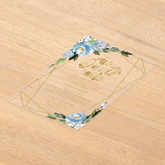 ダスティーブルーツフローラ幾何学クインセアニラ アクリル招待状 (レイダウン)