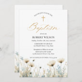 ダスティーブルーフローラクロスボーイ《キリスト教》洗礼式や命名式バプテスマ 招待状 (正面/裏面)