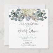 ダスティーブルーフローラディスコボールブライダルシャワースクエア 招待状 (正面)