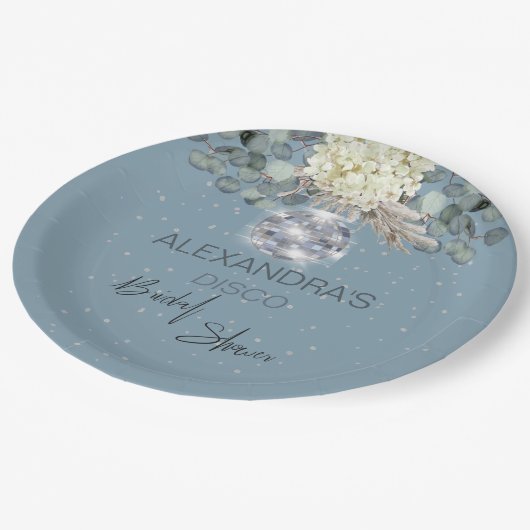 ダスティーブルーフローラディスコボールブライダルシャワー ペーパープレート (アングル)