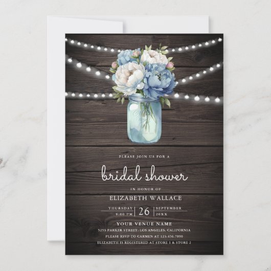 ダスティーブルーフローラメイスンジャールウッドブライダルシャワー 招待状 (正面)