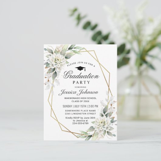 ダスティーブルーフローラ卒業パーティー招待状 ポストカード (スタンド正面)