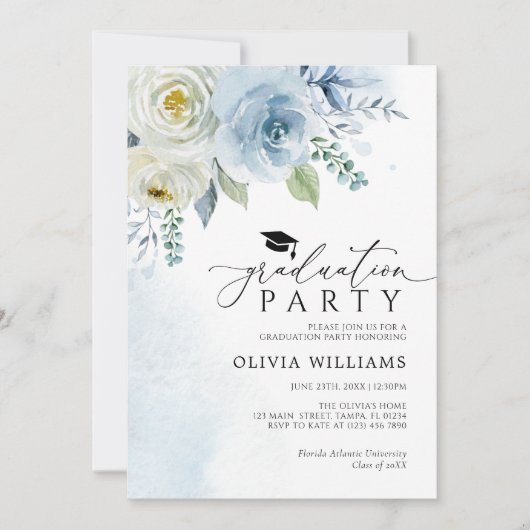 ダスティーブルーフローラ卒業パーティー招待状 招待状 (正面)