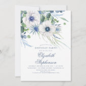 ダスティーブルーフローラ緑エレガント誕生日 招待状 (正面)