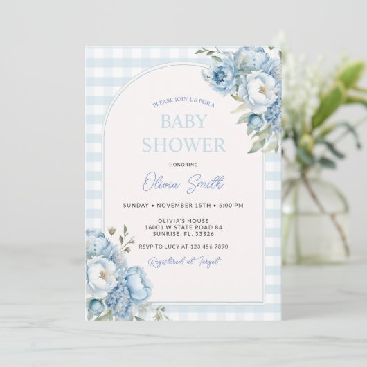 ダスティーブルーブルフローラギンガムベビーシャワー 招待状 (スタンド正面)
