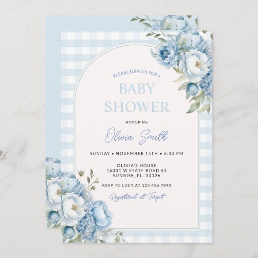 ダスティーブルーブルフローラギンガムベビーシャワー 招待状 (正面/裏面)