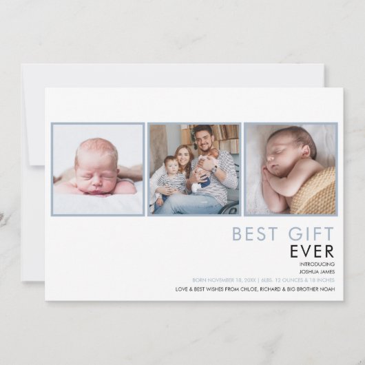 ダスティーブルーベイビーボーイ3枚の写真の出生届 案内状 (正面)