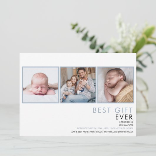 ダスティーブルーベイビーボーイ3枚の写真の出生届 案内状 (スタンド正面)