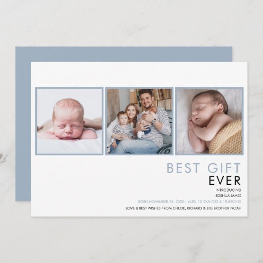 ダスティーブルーベイビーボーイ3枚の写真の出生届 案内状 (正面/裏面)