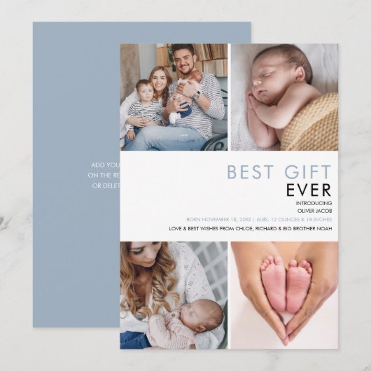 ダスティーブルーベイビーボーイ モダン 4 フォト バース 案内状 (正面/裏面)