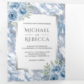 ダスティーブルーマーブル フローラル シルバーフォイル フォト ウェディング 三つ折り招待状 (内部最初)