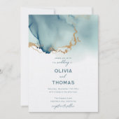 ダスティーブルーモダンル金ゴールドティール（緑がかった色）ビーチ結婚式 招待状 (正面)