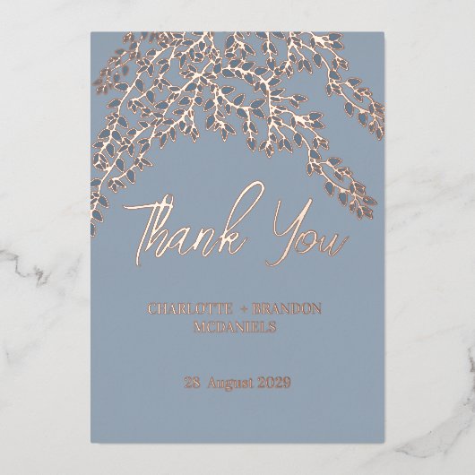 ダスティーブルーリーフウェディングサンキューローズゴールド 箔招待状 (正面)