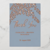 ダスティーブルーリーフ ウェディング サンクス ローズゴールド 箔招待状 (正面)