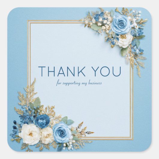 ダスティーブルーローズゴールドコーナーフローラルウォーターカラー スクエアシール (正面)
