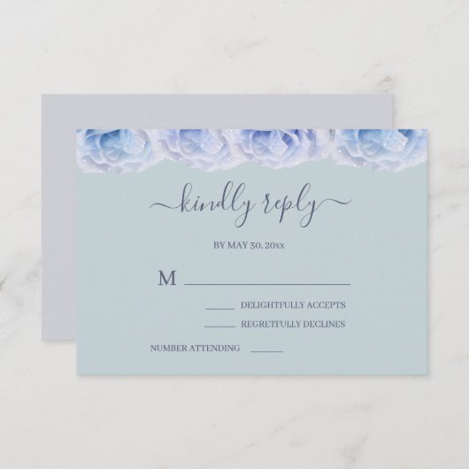 ダスティーブルーローズ セージ エレガント フローラル ウェディング RSVP 招待状 (正面/裏面)