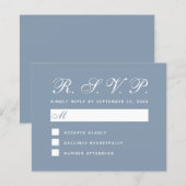 ダスティーブルー予算RSVPシンプルホワイトスクリプトカード (正面/裏面)