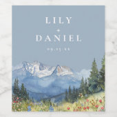 ダスティーブルー水彩山ワイルドフラワー結婚式 ワインラベル (シングルラベル)