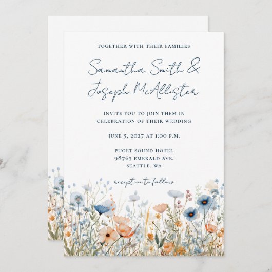 ダスティーブルー水彩野花のウェディング 招待状 (正面/裏面)