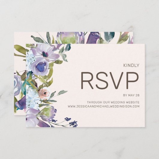 ダスティーブルー薄紫ボーホウォーター色フローラ結婚ズ 出欠カード (正面/裏面)