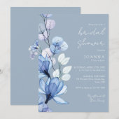 ダスティーブルー透明フローラルブライダルシャワー 招待状 (正面/裏面)
