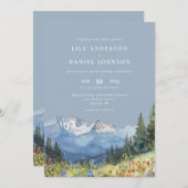ダスティーブルー ウォーターカラー 山 QRコード ウェディング 招待状 (正面/裏面)