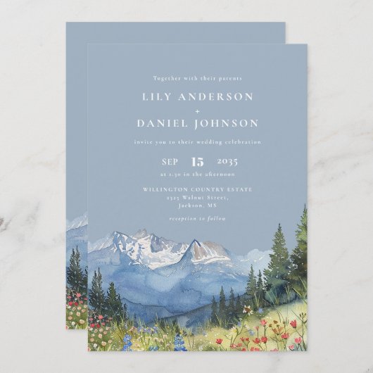 ダスティーブルー ウォーターカラー 山 QRコード ウェディング 招待状 (正面/裏面)