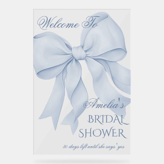 ダスティーブルー エレガントなリボン ウェディングシャワーのお出迎え アクリルサイン (正面)