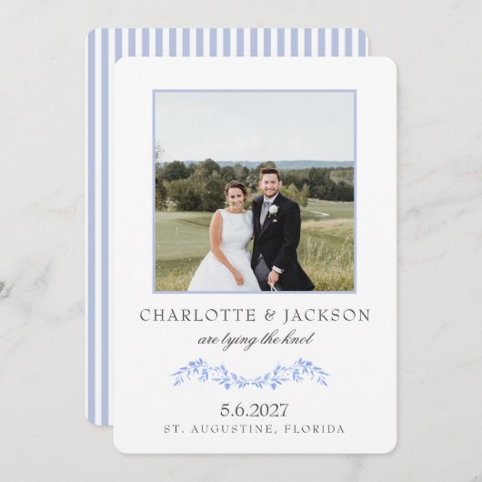 ダスティーブルー エレガント クラシック フラワープリント付 セーブザデート (正面/裏面)