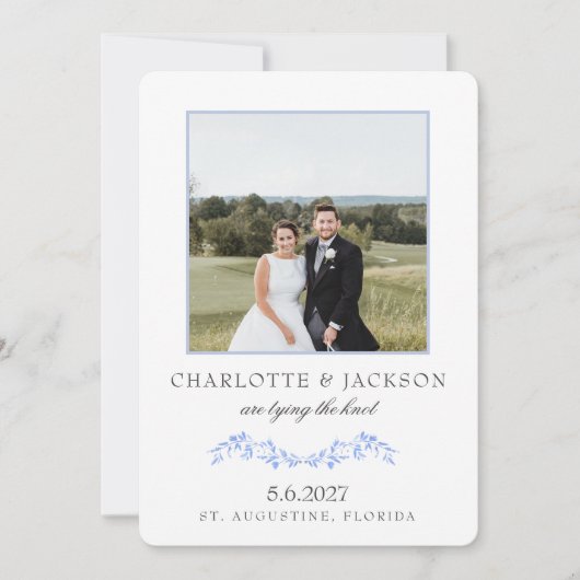 ダスティーブルー エレガント クラシック フラワープリント付 セーブザデート (正面)