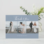 ダスティーブルー エレガント フォト ウェディング サンクス カード (スタンド正面)