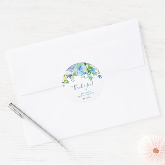 ダスティーブルー エレガント フラワー カリグラフィー サンクス ラウンドシール (封筒)