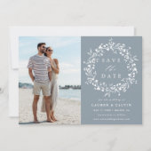 ダスティーブルー エレガント ボーホー ワイルドフラワー ウェディング フォト セーブザデート (正面)