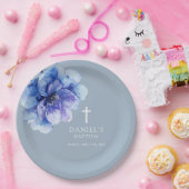 ダスティーブルー エレガント 水彩 フラワーベビー 洗礼 紙皿 (パーティー)