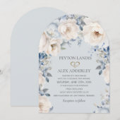 ダスティーブルー クリーム ホワイト フラワール ゴールド アーチ ウェディング 招待状 (正面/裏面)