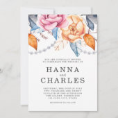 ダスティーブルー グレー オレンジ ウォーターカラー フラワー ウェディング 招待状 (正面)