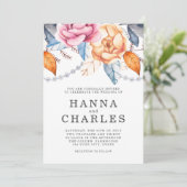 ダスティーブルー グレー オレンジ ウォーターカラー フラワー ウェディング 招待状 (スタンド正面)