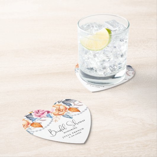 ダスティーブルー グレー オレンジ フラワー ブライダルシャワー ハート ペーパーコースター (インサイチュ)