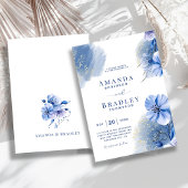 ダスティーブルー&ゴールドグリッターエレガントフラワーのウェディング 招待状