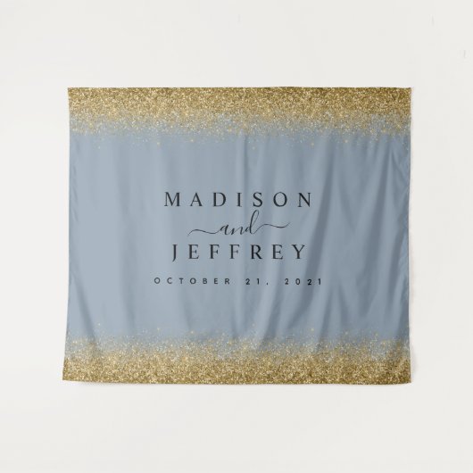 ダスティーブルー＆ゴールドグリッター結婚式バックドロップ タペストリー (正面(横))