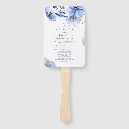 ダスティーブルー&ゴールドグリッター フラワーのウェディングプログラム ハンドファン (正面)