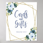 ダスティーブルー ゴールド フラワーのカード＆ギフト サイン (正面)