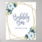 ダスティーブルー ゴールド フラワーの水彩風 バブルバーサイン ポスター (正面)