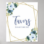 ダスティーブルー ゴールド  水彩 花のギフトサイン ポスター (正面)