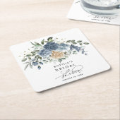 ダスティーブルー＆シャンパンフラワーのブライダルシャワー スクエアペーパーコースター (アングル)