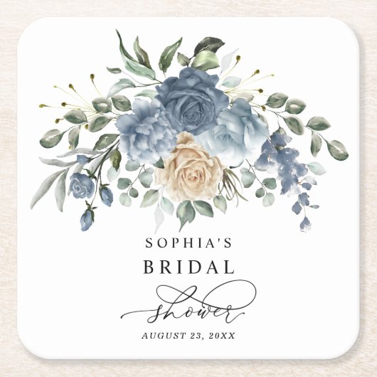 ダスティーブルー＆シャンパンフラワーのブライダルシャワー スクエアペーパーコースター (正面)
